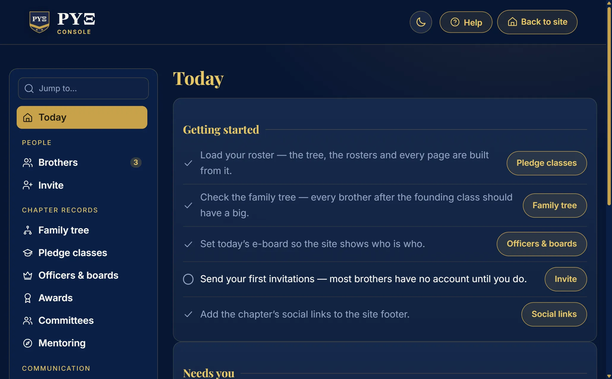 The fraternity demo's officer console, light theme: the Today page with its getting-started checklist
