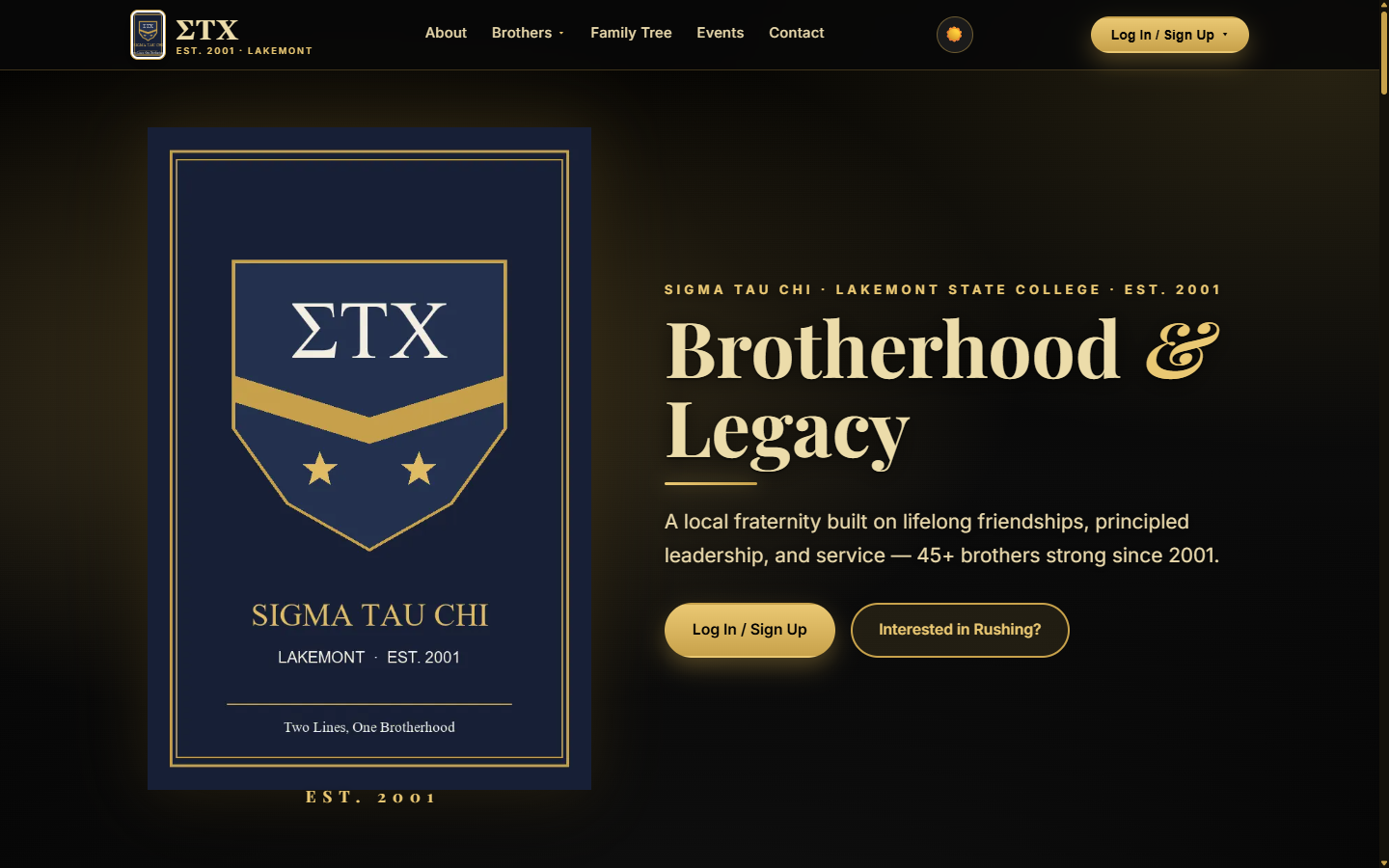 Demo chapter homepage: crest, chapter name, and member sign-in on a navy and gold site