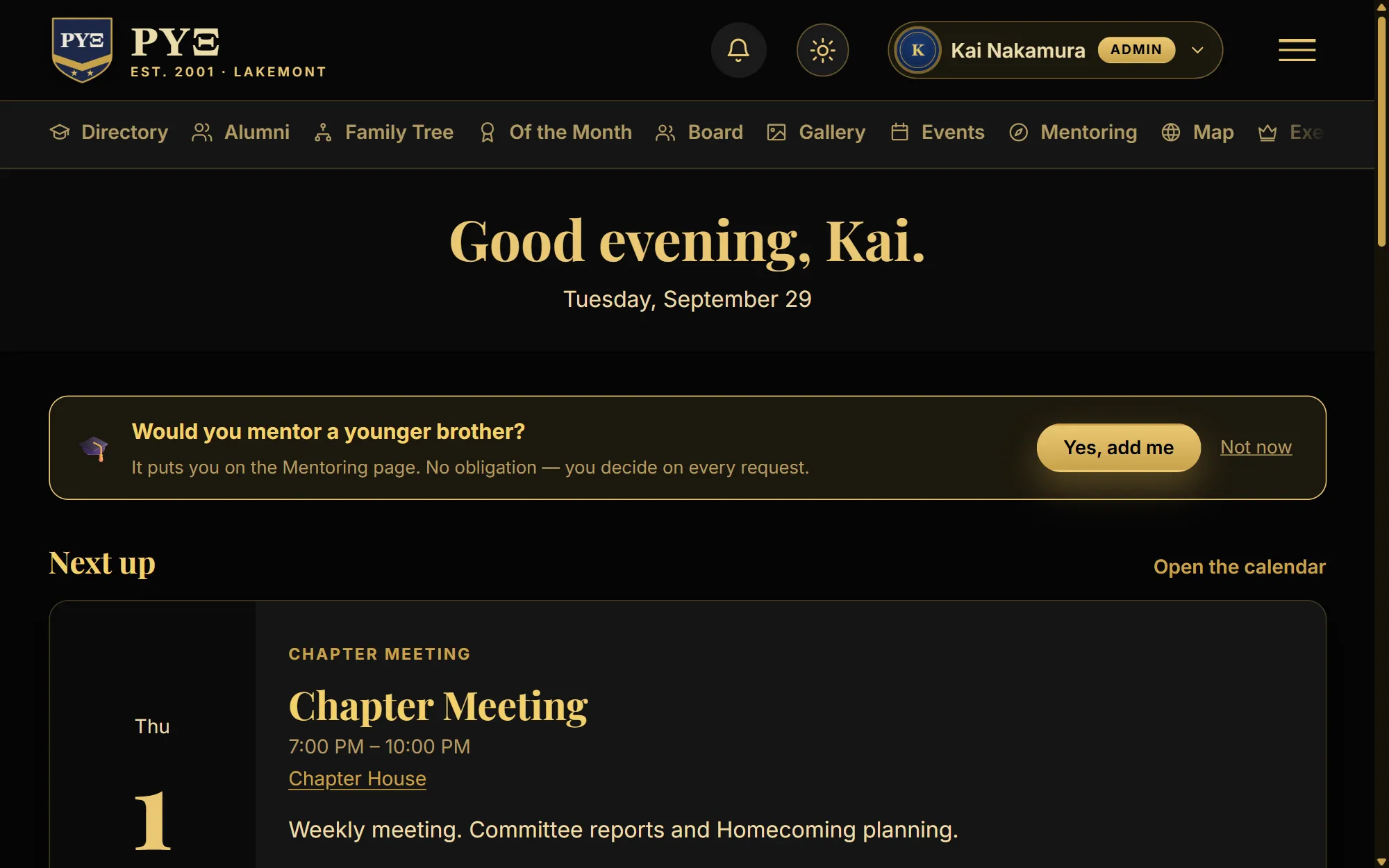 A fraternity demo chapter's member home in navy and gold, dark theme: Good evening, Kai, and the next chapter meeting