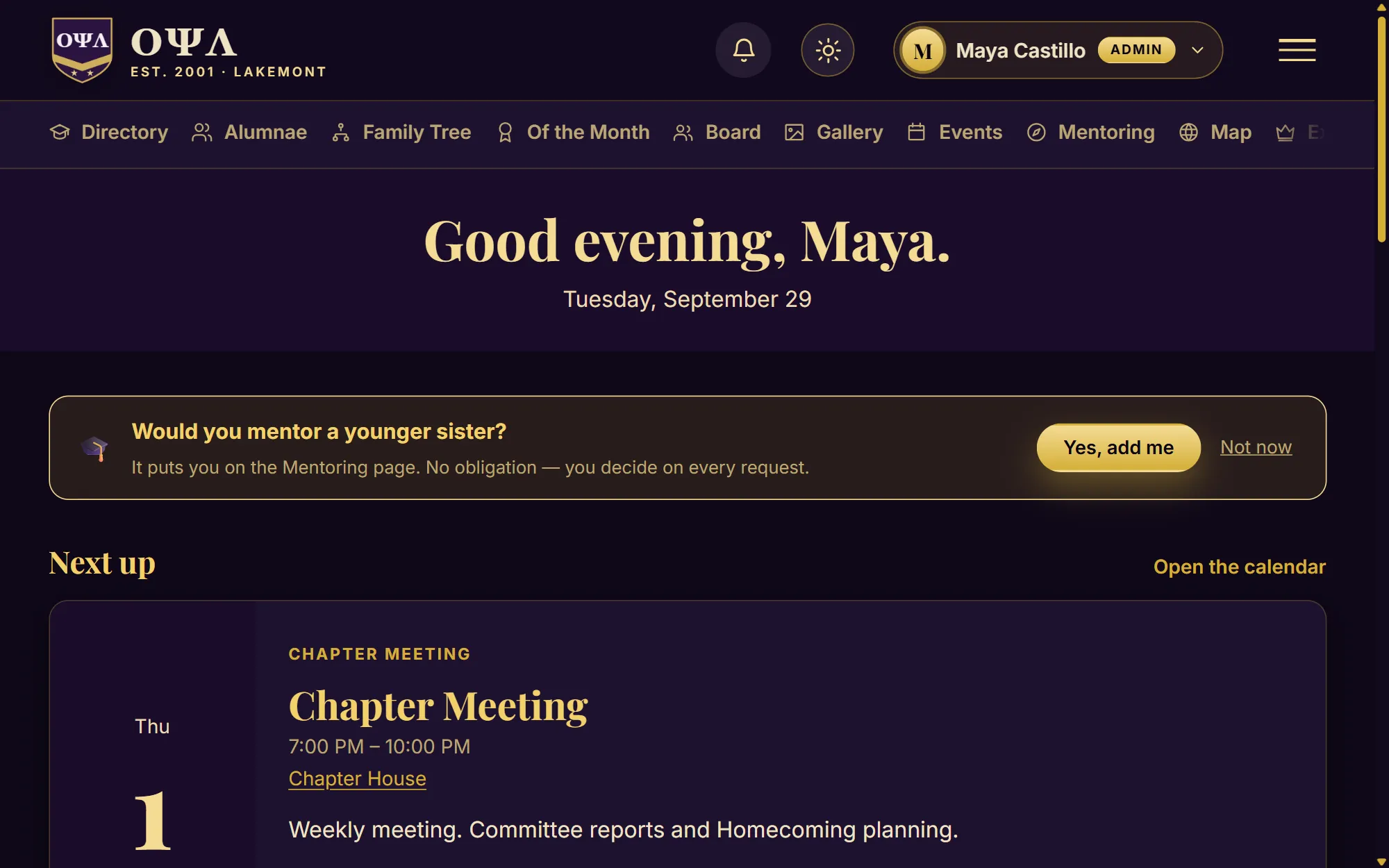 A sorority demo chapter's member home in royal purple and gold, dark theme: Good evening, Maya, and an invitation to mentor a younger sister