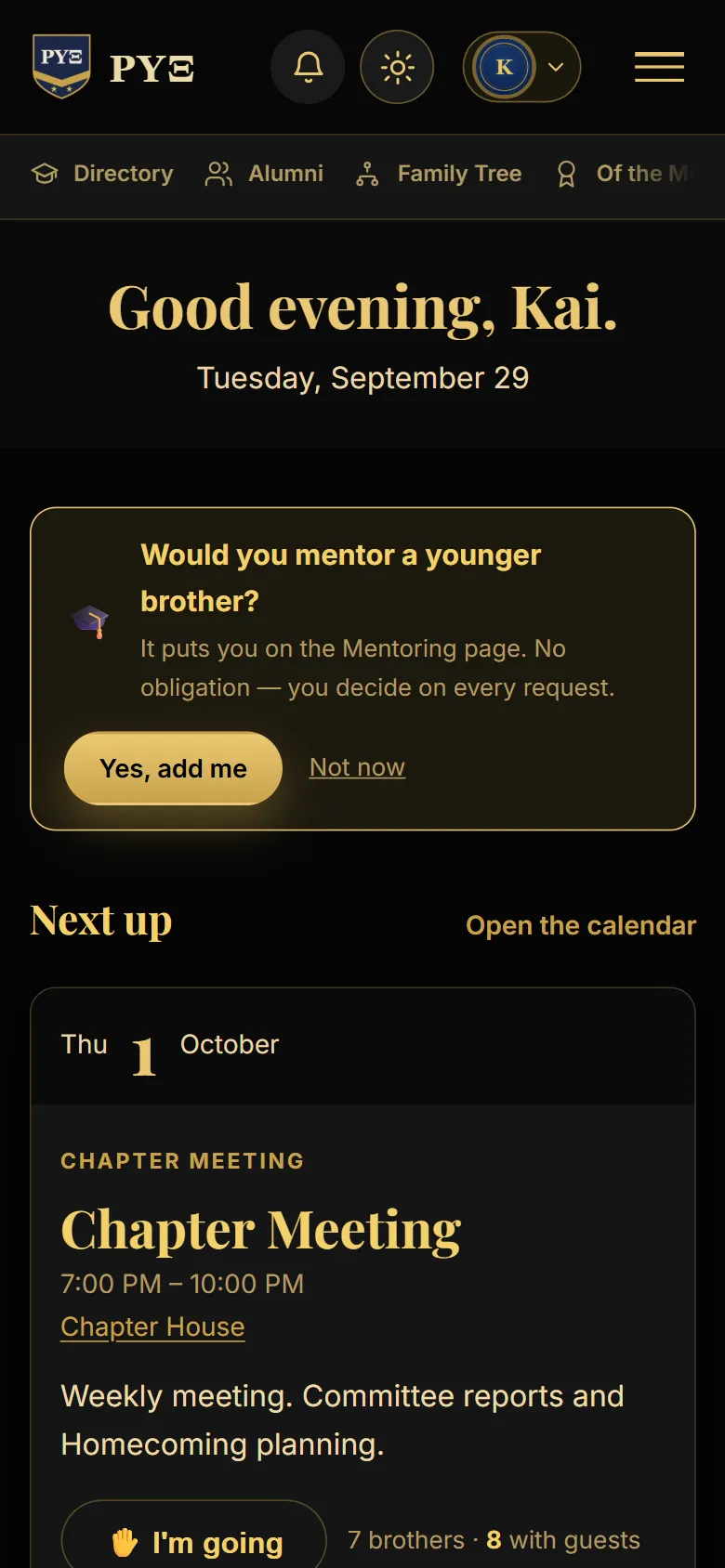 The fraternity demo on a phone, dark theme: Would you mentor a younger brother?