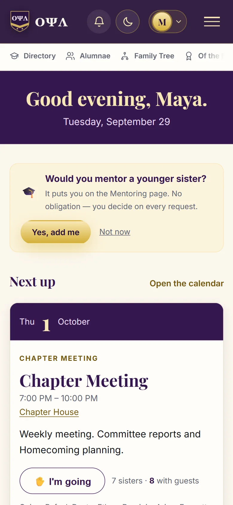 The sorority demo on a phone, light theme: Would you mentor a younger sister?